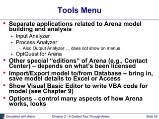 Simulation with Arena Chapter 3 – A Guided Tour Through Arena Slide 42
Tools Menu
• Separate applications related to Arena...