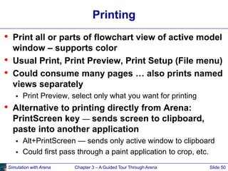 Simulation with Arena Chapter 3 – A Guided Tour Through Arena Slide 50
Printing
• Print all or parts of flowchart view of ...