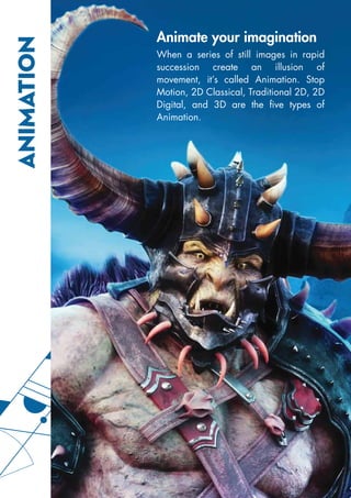 When a series of still images in rapid
succession create an illusion of
movement, it’s called Animation. Stop
Motion, 2D Classical, Traditional 2D, 2D
Digital, and 3D are the five types of
Animation.
Animate your imagination
ANIMATION
 