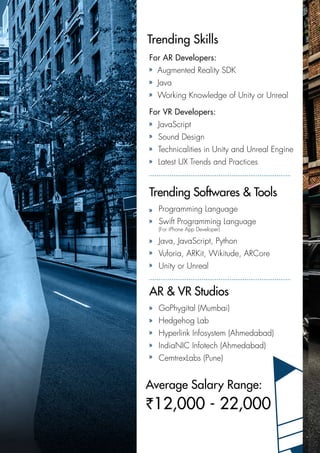 For AR Developers:
Augmented Reality SDK
Java
Working Knowledge of Unity or Unreal
For VR Developers:
JavaScript
Sound Design
Technicalities in Unity and Unreal Engine
Latest UX Trends and Practices
Programming Language
Swift Programming Language
(For iPhone App Developer)
Java, JavaScript, Python
Vuforia, ARKit, Wikitude, ARCore
Unity or Unreal
Trending Skills
Trending Softwares & Tools
GoPhygital (Mumbai)
Hedgehog Lab
Hyperlink Infosystem (Ahmedabad)
IndiaNIC Infotech (Ahmedabad)
CemtrexLabs (Pune)
AR & VR Studios
Average Salary Range:
`12,000 - 22,000
 