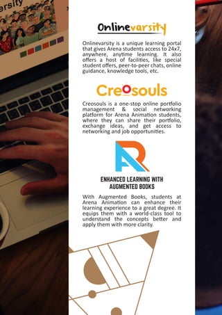 Onlinevarsity is a unique learning portal
that gives Arena students access to 24x7,
anywhere, any�me learning. It also
oﬀers a host of facili�es, like special
student oﬀers, peer-to-peer chats, online
guidance, knowledge tools, etc.
Creosouls is a one-stop online por�olio
management & social networking
pla�orm for Arena Anima�on students,
where they can share their por�olio,
exchange ideas, and get access to
networking and job opportuni�es.
With Augmented Books, students at
Arena Anima�on can enhance their
learning experience to a great degree. It
equips them with a world-class tool to
understand the concepts be�er and
apply them with more clarity.
 