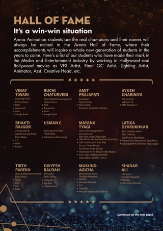ald & 2.0
v
dhan India
HALL OF FAME
Arena Animation students are the real champions and their names will
always be etched in the Arena Hall of Fame, where their
accomplishments will inspire a whole new generation of students in the
years to come. Here's a list of our students who have made their mark in
the Media and Entertainment industry by working in Hollywood and
Bollywood movies as VFX Artist, Final QC Artist, Lighting Artist,
Animator, Asst. Creative Head, etc.
It’s a win-win situation
VINAY
TIWARI
Lighting Artist
Prime Focus
AMIT
PRAJAPATI
Animator
AYUSH
CHARINIYA
RUCHI
CHATURVEDI
Roto & Matchmoving Artist
Prime Focus Prime Focus
MI:6
Aquaman
Zero
Jungle Book
Compositor &
Matchmoving Artist
Fluid Mask
2.0
Gold
Kesari
Kokosnuss (Germany)
Animator/FX Artist
Fluid Mask
Yeh Rishta Kya Kehlata Hai (Star Plus)
Yeh Un Dinon Ki Baat Hai,
Porus, Crime Patrol,
Savdhaan India (Sony)
Shaktipeeth Ke Bhairav (Big Magic)
ATS CABS, REFOAM SHOES,
COLUMBUS SHOES (TVCs)
Asst. Cinematographer /
Asst. Director
Star Plus, Sony, Big Magic
MI:6
Aquaman
Zero
Jungle Book
Motu Patlu
(Cartoon Animated Series)
Art Director
Viacom 18
MTV Roadies 2
BHAKTI
RAJGOR
USMAN C MAYANK
TYAGI
LATIKA
DEVRUKHKAR
Asst. Creative Head /
Asst. Director
Star Plus & Big Magic
Rishton Ka Chakravyuh (Star Plus)
Shaktipeeth Ke Bhairav (Big Magic)
Roto & Matchmove Artist
Fluid Mask
Sanju
Zero
2.0
Gold
Pailwaan
Sye Raa
Prassthanam
VFX Artist
Red Chillies
Venom
Wonder Woman
2.0
Godzilla
Mission Impossible-Fallout
Matchmove Artist
Double Negative
TIRTH
PAREKH
DIVYESH
BALDAH
MUKUND
AGICHA
SHADAB
ALI
VFX Artist
Double Negative
Aladdin
MIB: International
(Con�nued on the next page)
 