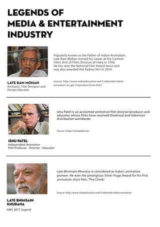 Legends of
Media & Entertainment
Industry
Ishu Patel is an acclaimed animation film director/producer and
educator whose films have received theatrical and television
distribution worldwide.
Source: https://ishupatel.com
Ishu Patel
Independent Animation
Film Producer - Director - Educator
Late Bhimsain Khurana is considered as India's animation
pioneer. He won the prestigious Silver Hugo Award for his first
animation short film, ‘The Climb’.
Source: http://www.indiaeducation.net/5-talented-indian-animation
Late Bhimsain
Khurana
AMS 2017 Legend
Popularly known as the Father of Indian Animation,
Late Ram Mohan started his career at the Cartoon
Films Unit of Films Division of India in 1956.
He has won the National Film Award twice and
was also awarded the Padma Shri in 2014.
Source: http://www.indiaeducation.net/5-talented-indian-
animators-to-get-inspiration-from.html
Late Ram Mohan
Animator, Title Designer and
Design Educator
 