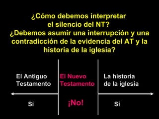 ¿Cómo debemos interpretar  el silencio del NT?  ¿Debemos asumir una interrupción y una contradicción de la evidencia del AT y la historia de la iglesia? El Nuevo Testamento El Antiguo Testamento La historia de la iglesia Sí Sí ¡No! 