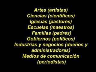 Artes (artistas) Ciencias (científicos) Iglesias (pastores) Escuelas (maestros)  Familias (padres) Gobiernos (políticos) I...