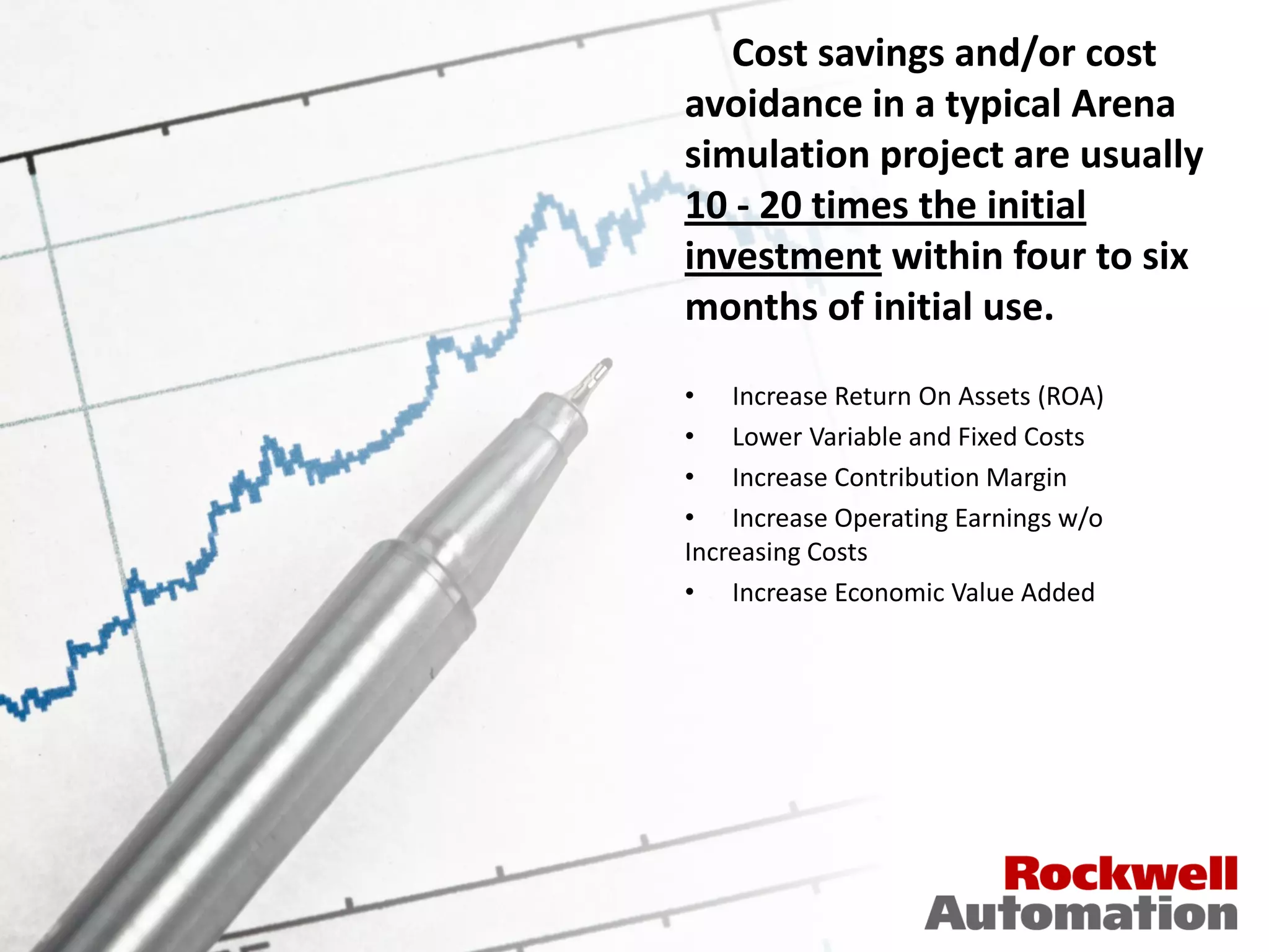 Cost savings and/or cost
avoidance in a typical Arena
simulation project are usually
10 - 20 times the initial
investment within four to six
months of initial use.

• Increase Return On Assets (ROA)
• Lower Variable and Fixed Costs
• Increase Contribution Margin
• Increase Operating Earnings w/o
Increasing Costs
• Increase Economic Value Added
 