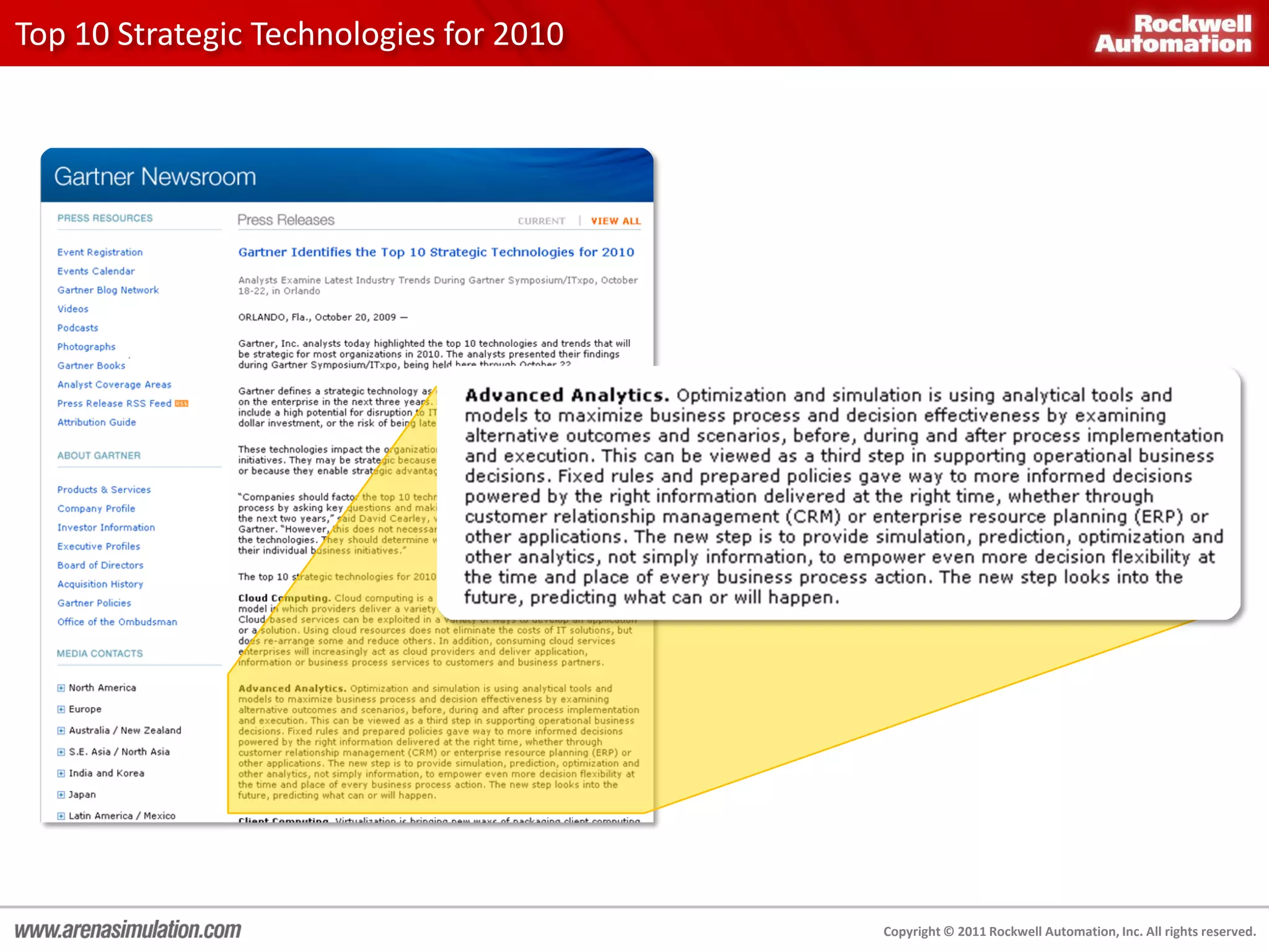 Top 10 Strategic Technologies for 2010




                                         Copyright © 2011 Rockwell Automation, Inc. All rights reserved.
 