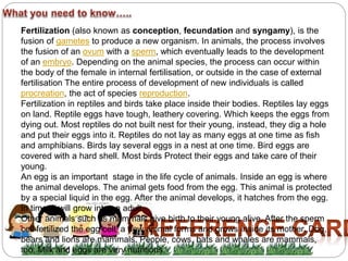 Fertilization (also known as conception, fecundation and syngamy), is the 
fusion of gametes to produce a new organism. In animals, the process involves 
the fusion of an ovum with a sperm, which eventually leads to the development 
of an embryo. Depending on the animal species, the process can occur within 
the body of the female in internal fertilisation, or outside in the case of external 
fertilisation The entire process of development of new individuals is called 
procreation, the act of species reproduction. 
Fertilization in reptiles and birds take place inside their bodies. Reptiles lay eggs 
on land. Reptile eggs have tough, leathery covering. Which keeps the eggs from 
dying out. Most reptiles do not built nest for their young, instead, they dig a hole 
and put their eggs into it. Reptiles do not lay as many eggs at one time as fish 
and amphibians. Birds lay several eggs in a nest at one time. Bird eggs are 
covered with a hard shell. Most birds Protect their eggs and take care of their 
young. 
An egg is an important stage in the life cycle of animals. Inside an egg is where 
the animal develops. The animal gets food from the egg. This animal is protected 
by a special liquid in the egg. After the animal develops, it hatches from the egg. 
In time, it will grow into an adult. 
Other animals such as mammals give birth to their young alive. After the sperm 
cell fertilized the egg cell, a new animal forms and grows inside its mother. Dog, 
bears and lions are mammals. People, cows, bats and whales are mammals, 
too. Milk and eggs are very nutritious. 
 
