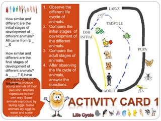 Reproduction is the 
process by which 
animals produce 
young animals of their 
own kind. Animals 
reproduce in their 
own way. Some 
animals reproduce by 
laying eggs. Some 
animals lay eggs in 
water and some 
animals lay eggs on 
land 
What to Do: 
1. Observe the 
different life 
cyccle of 
animals. 
2. Compare the 
initial stages of 
development of 
the different 
animals. 
3. Compare the 
adult stages of 
animals. 
4. After observing 
the life cycle of 
animals, 
answer the 
questions. 
How similar and 
different are the 
initial stages of 
development of 
different animals? 
All came from E _ 
_ S 
How similar and 
different are the 
final stages of 
development of 
different animals? 
A _ _ _ T S have 
different forms and 
features 
 