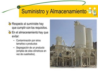 Suministro y Almacenamiento Respecto al suministro hay que cumplir con los requisitos. En el almacenamiento hay que evitar: Contaminación por otros tamaños o productos Segregación de un producto (empleo de silos cilíndricos en vez de cuadrados). 