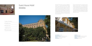 26 27
Guest House Hotel
Riviera
A
Splitska 1, HR-52100 Pula
Tel
+385 (0)52 211 166
Fax
+385 (0)52 219 117
riviera@arenaturist.hr , www.arenaturist.com
gps
44.876043, 13.849157
Guest house Hotel Riviera is unique by its appearance and location – a
luxurious Baroque Revival architecture building constructed at the end of
the 19th ct. Situated in the historical centre of Pula, right next to the
Roman amphitheatre and surrounded by magnificent monuments of great
cultures that left their mark here, it's known for being the favourite
accommodation of the upper class of the Austro-Hungarian Monarchy.
Nowadays it stands as an unavoidable gathering point of the film world.
Pula Film Festival has a half-a-century-old tradition and its taking place in
the Romanian Amphitheatre, located only few steps from the Hotel Riviera.
Accommodation: 67 rooms
Restaurants and bars: restaurant & bar Riviera Meetings: a meeting halls
with 100 seats Entertainment: city center
 