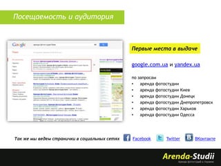 Посещаемость и аудитория

Первые места в выдаче
google.com.ua и yandex.ua
по запросам
•
аренда фотостудии
•
аренда фотостудии Киев
•
аренда фотостудии Донецк
•
аренда фотостудии Днепропетровск
•
аренда фотостудии Харьков
•
аренда фотостудии Одесса

Так же мы ведем странички в социальных сетях

Facebook

Twitter

ВКонтакте

 