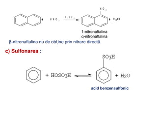 + + OH2H N O 3
N O 2
H 2 S O 4
1-nitronaftalina
α-nitronaftalina
β-nitronaftalina nu de obține prin nitrare directă.
c) Sulfonarea :
acid benzensulfonic
 