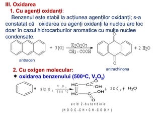 III. Oxidarea
1. Cu agenţi oxidanţi:
Benzenul este stabil la acțiunea agenților oxidan i; s-aț
constatat că oxidarea cu agenţi oxidanţi la nucleu are loc
doar în cazul hidrocarburilor aromatice cu multe nuclee
condensate.
antracen
antrachinona2. Cu oxigen molecular:
 oxidarea benzenului (500o
C, V2O5)
+ 9 / 2 O 2
V 2 O 5
5 0 0 o
C
CH
CH
C
C
O
OH
O
OH
( H O O C - C H = C H - C O O H )
a c i d 2 - b u t e n d i o i c
+ 2 C O 2 + OH2
 
