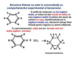 O astfel de moleculă, cu trei legături
duble, ar trebui să dea reacţii de adiţie, în
care legătura dublă (π),dintre doi atomi de
carbon se rupe, transformându-se în
legătură simplă, (σ), electronii rămaşi fiind
folosiţi pentru legarea cu atomii adiţionali.
În cazul benzenului, adiţia are loc la toate cele trei
duble legături, simultan:
hexaclorciclohexan
Structura Kekule nu este în concordanţă cu
comportamentul experimental al benzenului.
 