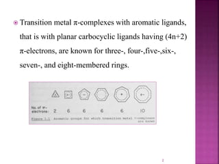  Transition metal π-complexes with aromatic ligands,
that is with planar carbocyclic ligands having (4n+2)
π-electrons, are known for three-, four-,five-,six-,
seven-, and eight-membered rings.
2
 