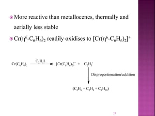  More reactive than metallocenes, thermally and
aerially less stable
 Cr(η6-C6H6)2 readily oxidises to [Cr(η6-C6H6)2]+
Cr(C6H6)2 [Cr(C6H6)2]+
+ C2H5
.
C2H5I
(C2H6 + C2H4 + C4H10)
Disproportionation/addition
27
 