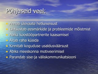 Põhjuseid veel: Annab ülevaate hetkeseisust Lihtsustab eesmärkide ja probleemide mõistmist Abiks koostööpartnerite kaasamisel Aitab raha küsida Kinnitab koguduse usaldusväärsust Abiks meeskonna motiveerimisel Parandab sise-ja väliskommunikatsiooni 