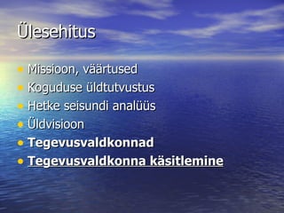 Ülesehitus Missioon, väärtused Koguduse üldtutvustus  Hetke seisundi analüüs Üldvisioon Tegevusvaldkonnad Tegevusvaldkonna käsitlemine 