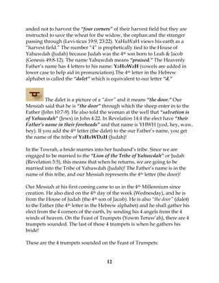 12
anded not to harvest the “four corners” of their harvest field but they are
instructed to save the wheat for the widow, the orphan and the stranger
passing through (Levi-ticus 19:9, 23:22). YaHuWaH views his earth as a
“harvest field.” The number “4” is prophetically tied to the House of
Yahuwdah (Judah) because Judah was the 4th son born to Leah & Jacob
(Genesis 49:8-12). The name Yahuwdah means “praised.” The Heavenly
Father’s name has 4 letters to his name: YaHuWaH (vowels are added in
lower case to help aid in pronunciation).The 4th letter in the Hebrew
alphabet is called the “dalet” which is equivalent to our letter “d.”
The dalet is a picture of a “door” and it means “the door.” Our
Messiah said that he is “the door” through which the sheep enter in to the
Father (John 10:7-9). He also told the woman at the well that “salvation is
of Yahuwdah” (Jews) in John 4:22. In Revelation 14:4 the elect have “their
Father’s name in their foreheads” and that name is YHWH (yod, hey, waw,
hey). If you add the 4th letter (the dalet) to the our Father’s name, you get
the name of the tribe of YaHuWDaH (Judah)!
In the Towrah, a bride marries into her husband’s tribe. Since we are
engaged to be married to the “Lion of the Tribe of Yahuwdah” or Judah
(Revelation 5:5), this means that when he returns, we are going to be
married into the Tribe of Yahuwdah (Judah)! The Father’s name is in the
name of this tribe, and our Messiah represents the 4th letter (the door)!
Our Messiah at his first coming came to us in the 4th Millennium since
creation. He also died on the 4th day of the week (Wednesday), and he is
from the House of Judah (the 4th son of Jacob). He is also “the door” (dalet)
to the Father (the 4th letter in the Hebrew alphabet) and he shall gather his
elect from the 4 corners of the earth, by sending his 4 angels from the 4
winds of heaven. On the Feast of Trumpets (Yowm Teruw’ah), there are 4
trumpets sounded. The last of these 4 trumpets is when he gathers his
bride!
These are the 4 trumpets sounded on the Feast of Trumpets:
 