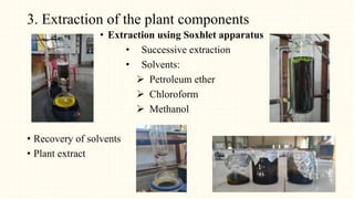 3. Extraction of the plant components
• Extraction using Soxhlet apparatus
• Successive extraction
• Solvents:
 Petroleum ether
 Chloroform
 Methanol
• Recovery of solvents
• Plant extract
 