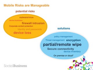 Mobile Risks are Manageable
          potential risks

              malware/virus
   device lockdown
                 fir...