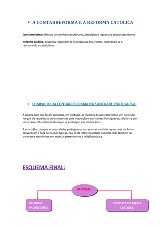  A CONTARREFORMA E A REFORMA CATÓLICA
Contrarreforma: efetuou um combate doutrinário, ideológico e repressivo ao protestantismo.
Reforma católica: procurou responder às expectativas dos crentes, renovando-se e
restaurando o catolicismo.

O IMPACTO DA CONTRARREFORMA NA SOCIEDADE PORTUGUESA:
A dureza com que foram aplicadas, em Portugal, as medidas da contrarreforma, em particular
no que diz respeito às penas impostas pela Inquisição e aos Indexes Portugueses, saldou-se por
um atraso cultural lamentável que se prolongou por muitos anos.
A prontidão com que as autoridades portuguesas acatavam as medidas repressivas de Roma
provocaram a fuga de inumes figuras, não só da intelectualidade nacional, mas também do
panorama económico, em especial pertencentes à religião judaica.

ESQUEMA FINAL:

REFORMA

REFORMA
PROTESTANTE

RESPOSTA DA IGREJA
CATÓLICA

 