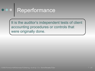Reperformance It is the auditor’s independent tests of client accounting procedures or controls that were originally done. 