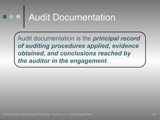 Audit Documentation Audit documentation is the  principal record of auditing procedures applied, evidence obtained, and conclusions reached by the auditor in the engagement . 