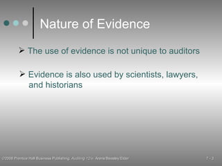 Nature of Evidence The use of evidence is not unique to auditors Evidence is also used by scientists, lawyers, and historians 
