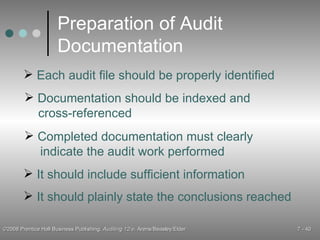 Preparation of Audit Documentation Each audit file should be properly identified Documentation should be indexed and cross-referenced Completed documentation must clearly indicate the audit work performed It should include sufficient information It should plainly state the conclusions reached 