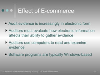 Effect of E-commerce Audit evidence is increasingly in electronic form Auditors must evaluate how electronic information affects their ability to gather evidence Auditors use computers to read and examine evidence Software programs are typically Windows-based 