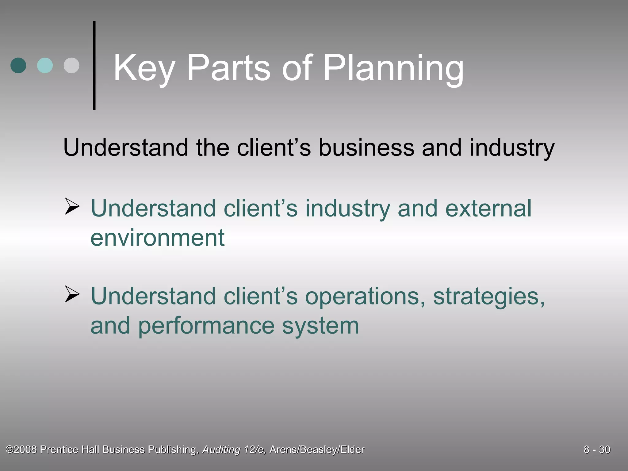 Key Parts of Planning Understand the client’s business and industry Understand client’s industry and external environment Understand client’s operations, strategies, and performance system 