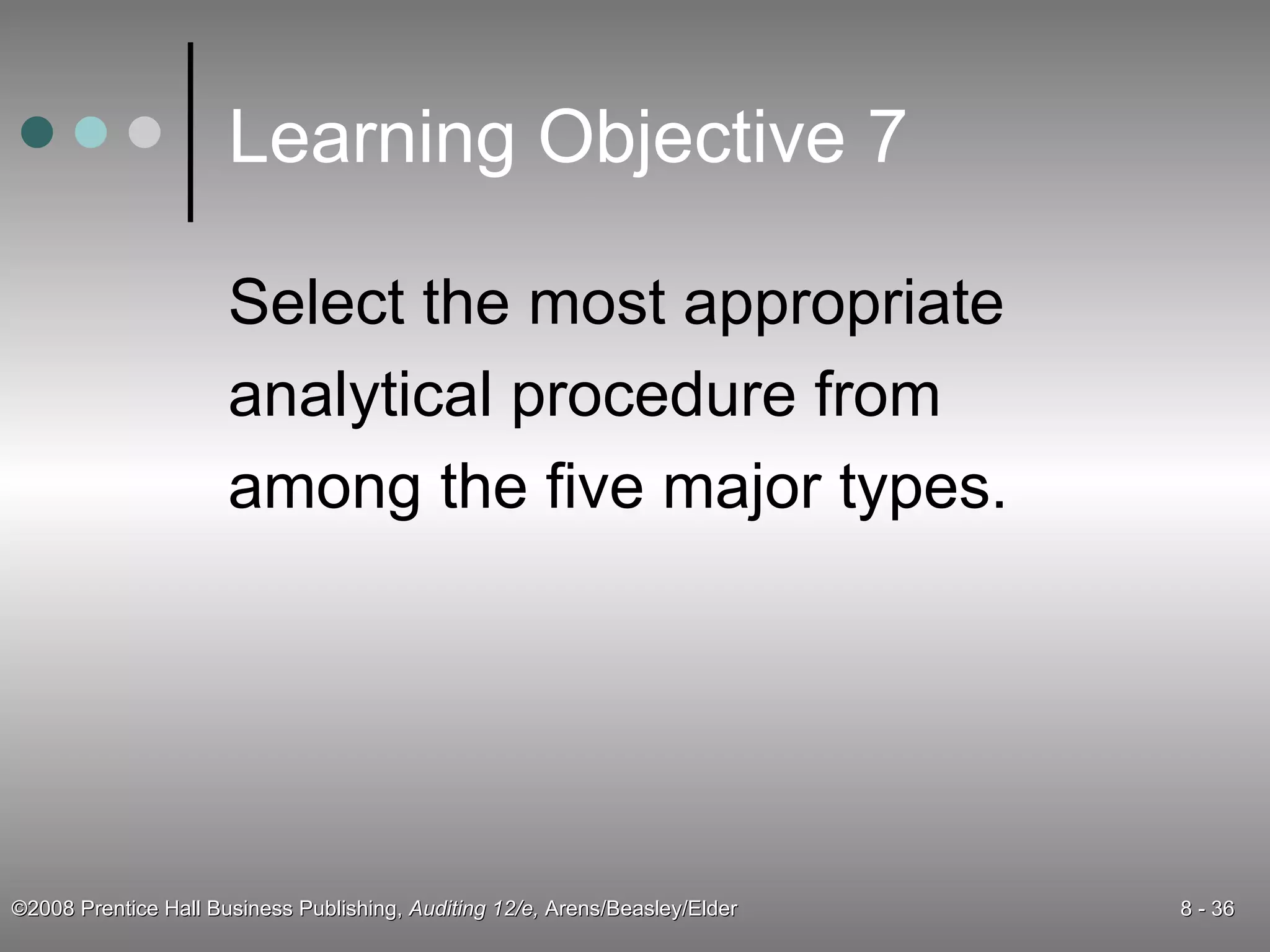 Learning Objective 7 Select the most appropriate analytical procedure from among the five major types. 