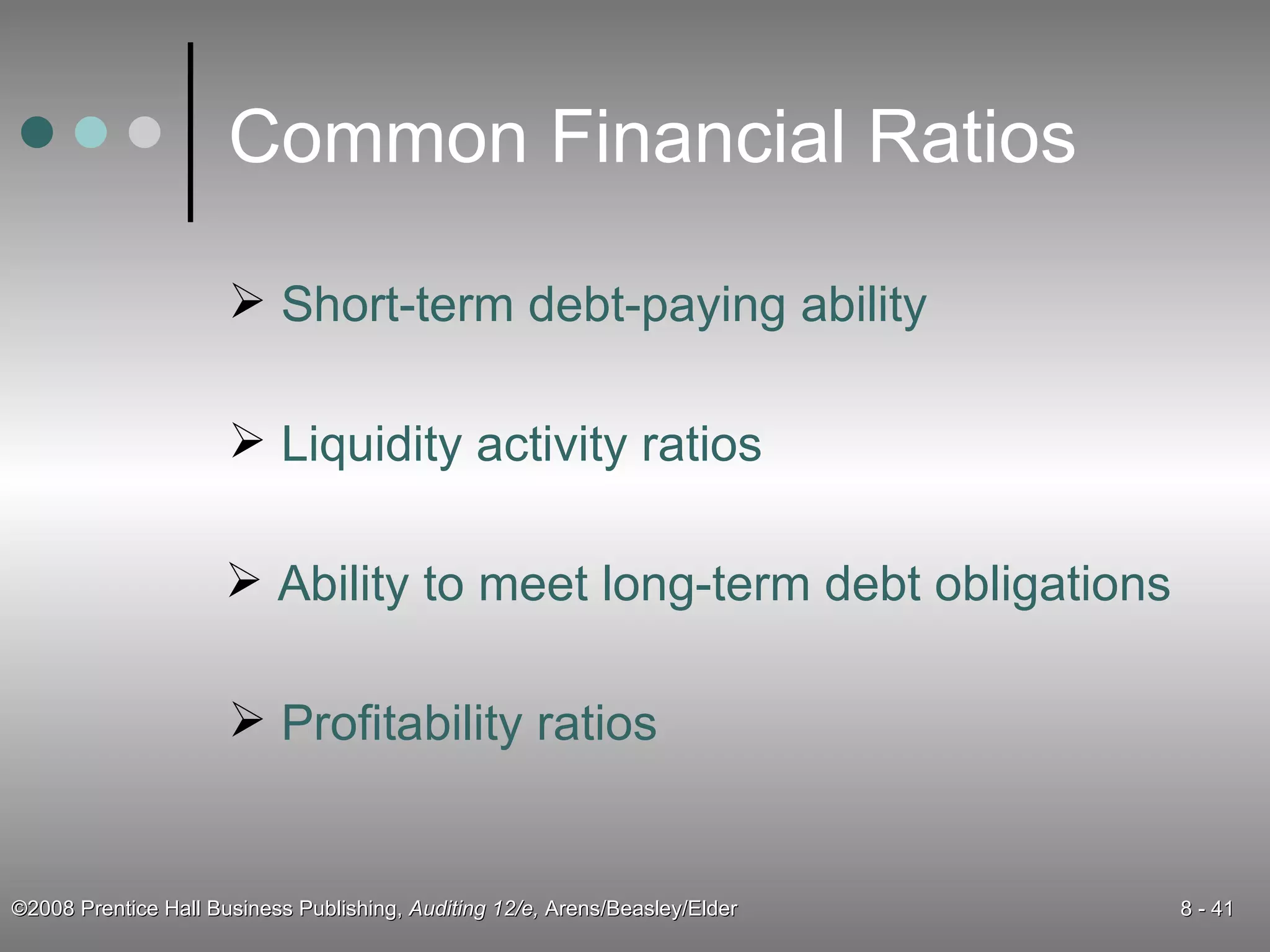 Common Financial Ratios Short-term debt-paying ability Liquidity activity ratios Ability to meet long-term debt obligations Profitability ratios 