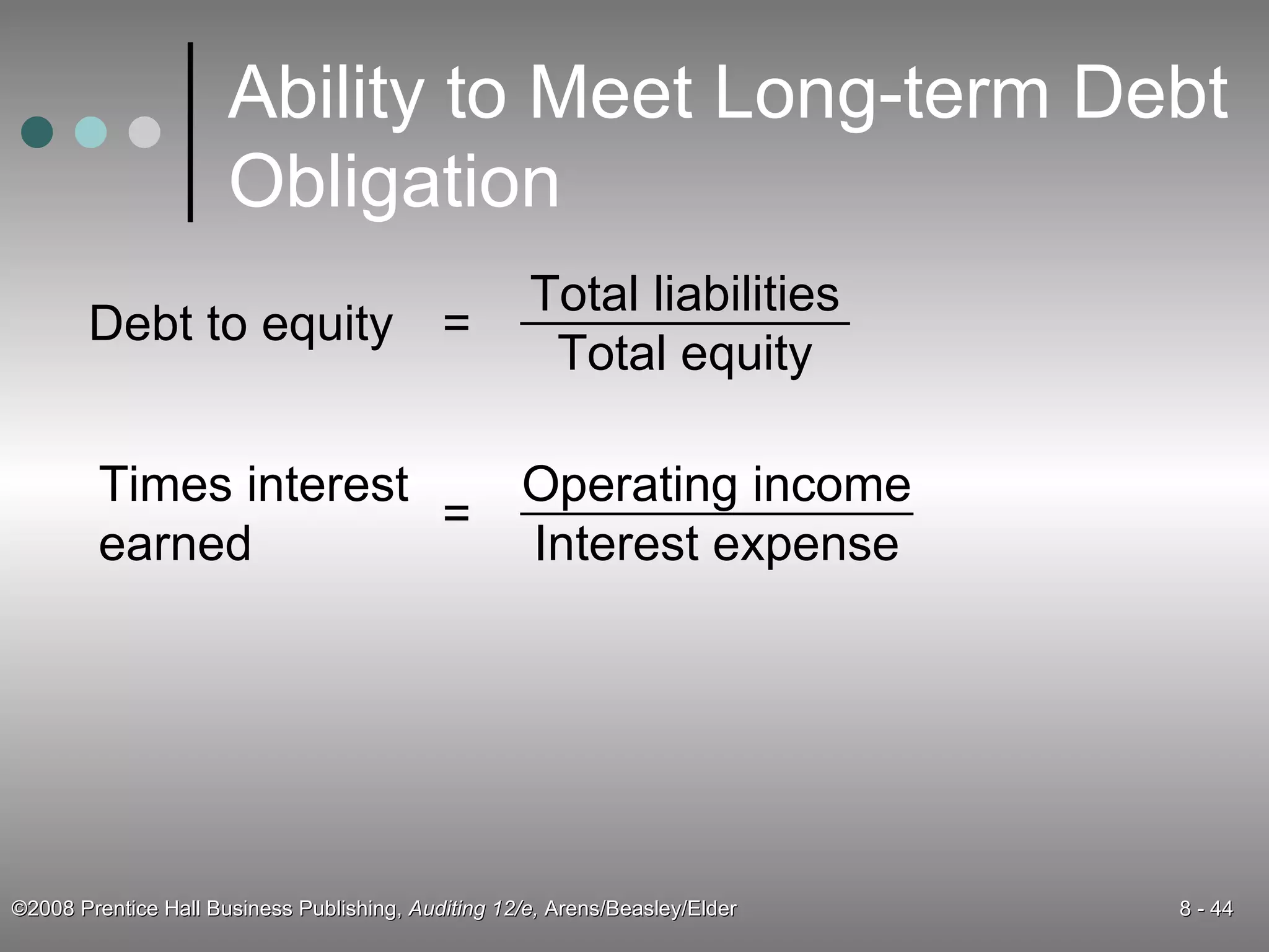Ability to Meet Long-term Debt Obligation Debt to equity Total liabilities Total equity = Times interest earned Operating income Interest expense = 