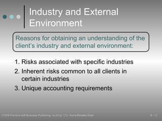 Industry and External Environment Reasons for obtaining an understanding of the client’s industry and external environment: 1. Risks associated with specific industries 2. Inherent risks common to all clients in certain industries 3. Unique accounting requirements 
