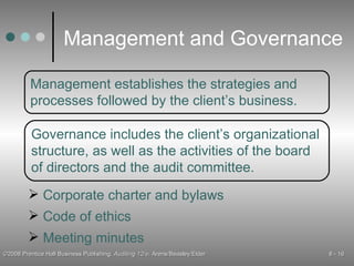 Management and Governance Management establishes the strategies and processes followed by the client’s business. Governance includes the client’s organizational structure, as well as the activities of the board of directors and the audit committee. Corporate charter and bylaws Meeting minutes Code of ethics 