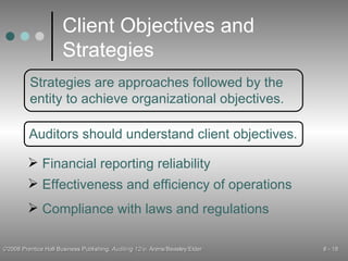 Client Objectives and Strategies Strategies are approaches followed by the entity to achieve organizational objectives. Auditors should understand client objectives. Effectiveness and efficiency of operations Financial reporting reliability Compliance with laws and regulations 