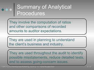Summary of Analytical Procedures They involve the computation of ratios and other comparisons of recorded amounts to auditor expectations. They are used in planning to understand the client’s business and industry. They are used throughout the audit to identify possible misstatements, reduce detailed tests, and to assess going-concern issues. 
