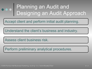 Planning an Audit and Designing an Audit Approach Accept client and perform initial audit planning. Understand the client’s business and industry. Assess client business risk. Perform preliminary analytical procedures. 
