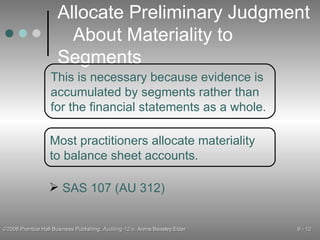 Allocate Preliminary Judgment  About Materiality to Segments This is necessary because evidence is accumulated by segments rather than for the financial statements as a whole. Most practitioners allocate materiality to balance sheet accounts. SAS 107 (AU 312) 