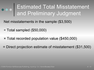 Estimated Total Misstatement and Preliminary Judgment Net misstatements in the sample ($3,500) × Total recorded population value ($450,000) ÷ Total sampled ($50,000) = Direct projection estimate of misstatement ($31,500) 