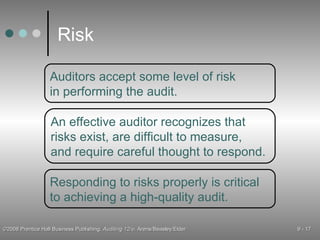 Risk Auditors accept some level of risk in performing the audit. An effective auditor recognizes that risks exist, are difficult to measure, and require careful thought to respond. Responding to risks properly is critical to achieving a high-quality audit. 