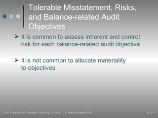 Tolerable Misstatement, Risks, and Balance-related Audit Objectives It is common to assess inherent and control risk for each balance-related audit objective It is not common to allocate materiality to objectives 