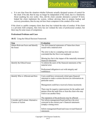 Chapter 18: Completing the Audit
Copyright © 2019 Pearson Canada Inc.
18-17
c. It is not clear from the situation whether Schwartz actually designed systems of control for
the client. If he did, then he may no longer be independent of the client, due to a familiarity
threat (auditing his own work). Also, did the client consider alternative systems? If Jerry
helped the client implement the system, without advising them to prepare backup and
recovery procedures, then he may not have been competent in the conduct of his work.
If the client is a public company client, then Jerry has violated the rules of conduct. If the client
is a privately held company, then Jerry has not violated the rules of professional conduct, but
there may be some issues of competence.
Professional Problems and Cases
18-32 Using the Ethical Decision Framework
Step Evaluation
Obtain Relevant Facts and Identify
the Issues
The 2018 financial statements of Yukon have been
issued with a material error
The error is due to a sampling error and you have
concluded that the firm is not negligent
Missing key fact is the impact of the materially misstated
financial statements
Identify the Ethical Issues To inform the users of the financial statements of the
material error
Professional obligation to act with integrity and
truthfulness
Identify Who is Affected and How Users could have erroneously relied upon financial
statement to make a certain decision (no information on
particular users)
Management could have received a bonus incorrectly
There may be negative repercussions for the auditor and
partner (from the audit firm or from the client who may
wish to use another firm)
The reputation of the profession may be affected
Consider and Evaluate Alternative
Courses of Action
Not inform management/board and have the error
corrected in the current year’s financial statements
(simply a timing error)
Inform management/board and issue revised financial
statements
 