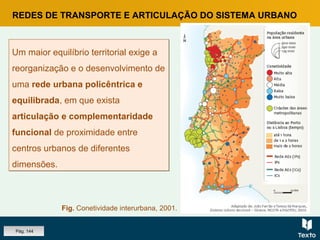 REDES DE TRANSPORTE E ARTICULAÇÃO DO SISTEMA URBANO
Fig. Conetividade interurbana, 2001.
Um maior equilíbrio territorial exige a
reorganização e o desenvolvimento de
uma rede urbana policêntrica e
equilibrada, em que exista
articulação e complementaridade
funcional de proximidade entre
centros urbanos de diferentes
dimensões.
Um maior equilíbrio territorial exige a
reorganização e o desenvolvimento de
uma rede urbana policêntrica e
equilibrada, em que exista
articulação e complementaridade
funcional de proximidade entre
centros urbanos de diferentes
dimensões.
Pág. 144
 