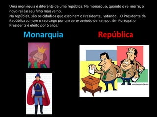 Uma monarquia é diferente de uma república. Na monarquia, quando o rei morre, o novo rei é o seu filho mais velho.  Na república, são os cidadãos que escolhem o Presidente,  votando .  O Presidente da República cumpre o seu cargo por um certo período de  tempo . Em Portugal, o Presidente é eleito por 5 anos. Monarquia República 