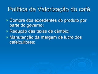 Política de Valorização do café Compra dos excedentes do produto por parte do governo; Redução das taxas de câmbio; Manutenção da margem de lucro dos cafeicultores; 