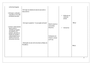 cultural portuguesa;

                           -Participar em debates de sala de aula sobre o
                           tema anterior.
Estimular a reflexão e
 consciência crítica dos
                                                                                                       Guião para as
 problemas nacionais;
                                                                                                        visitas de
                                                                                                        estudo



                           - Participar na palestra “ A Laicização da Escola”                                           Março
                                                                                Palestra aberta à
                                                                                Comunidade
Utilizar conhecimentos
                                                                                Educativa              Autocarros
 básicos sobre a
 realidade portuguesa
 do presente e do
 passado, aplicando as
 noções de evolução e
 compreendendo que a                                                            Professores de
 História é fruto de                                                            História e alunos
 diferentes factores;
                                                                                do 9º ano


                           - Realização de uma visita de estudo ao Museu da
                           Presidência
                                                                                                                        Março




                                                                                                                                8
 
